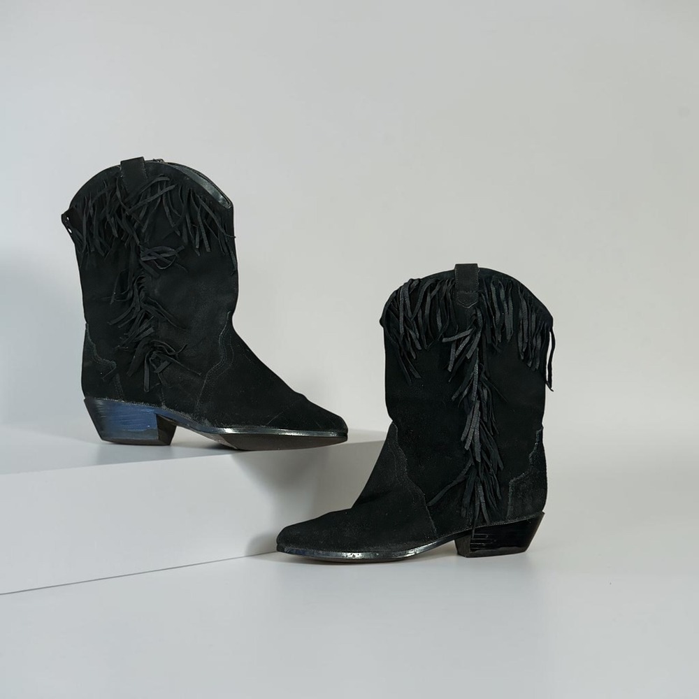 Leather Craft Mesa Black Suede Fringe Western‎ Cowboy Boots Womens 5.5 M 51712
